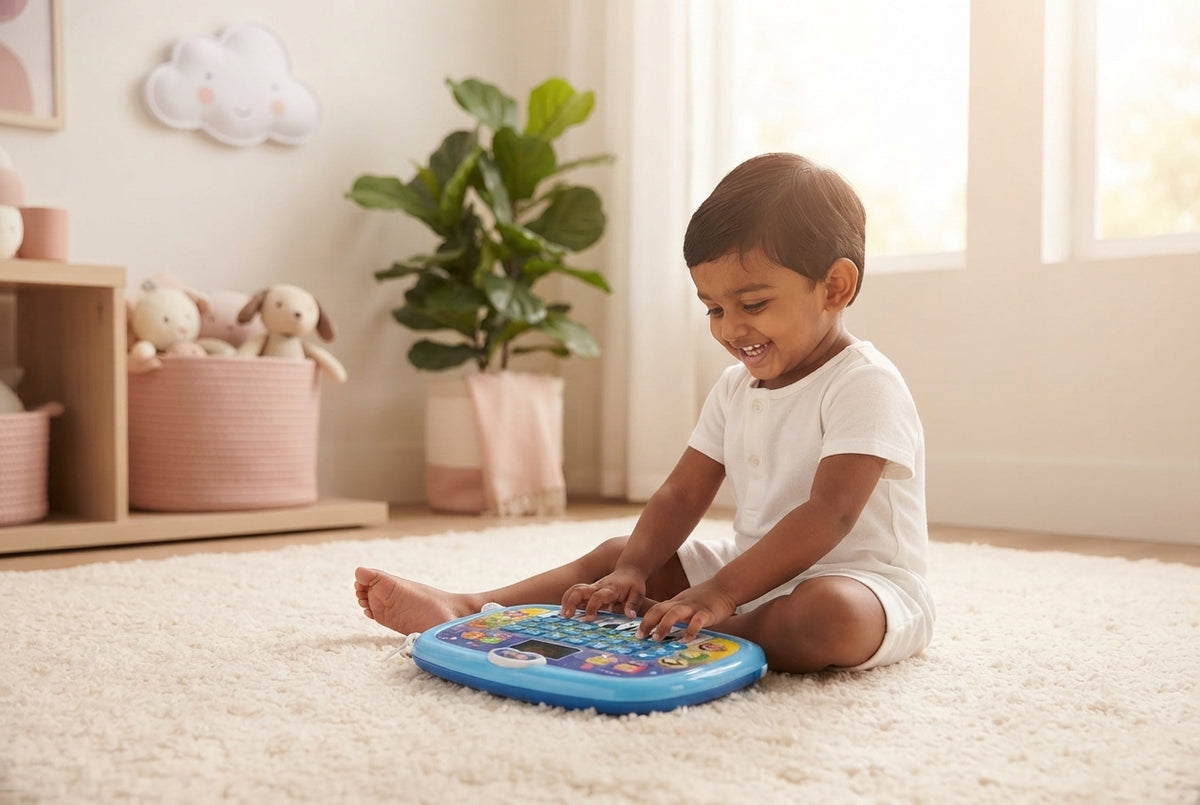 A young Indian child playing with an interactive toy laptop in a bright, modern nursery with rose and blush pink decor.