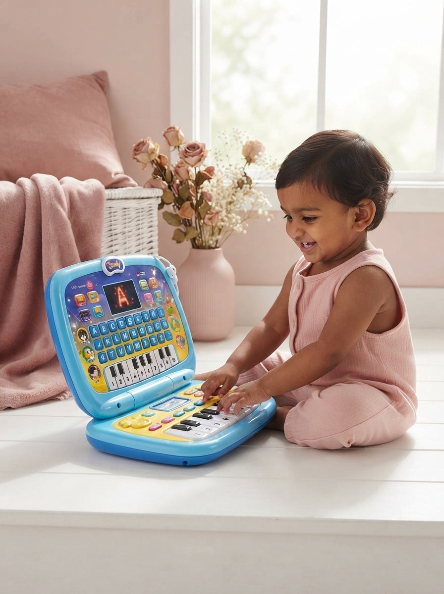 A South Asian child interacting with a colorful LearnPlay educational laptop on a white desk in a room with rose and pink dec