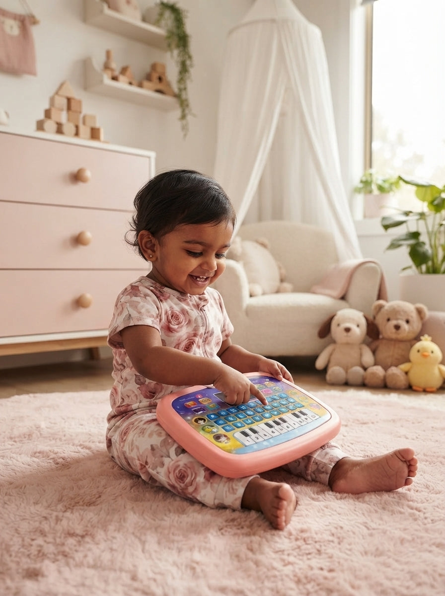 A young South Asian child plays with an interactive educational laptop toy on a soft pink rug in a sunlit modern nursery.